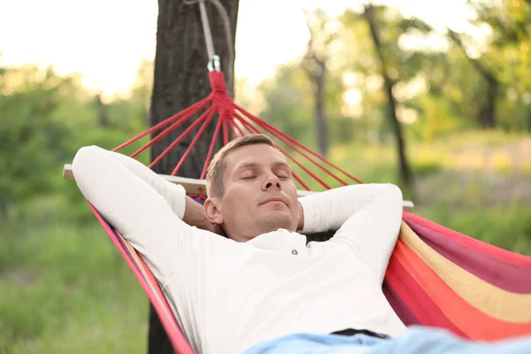 Man Resting Comfortable Hammock Green Garden Stock Image