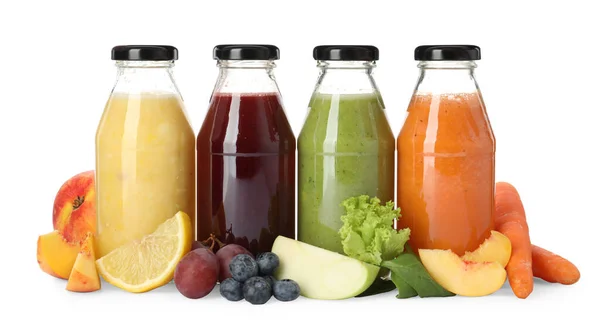 Bottles Delicious Juices Fresh Fruits White Background — Stock Photo, Image