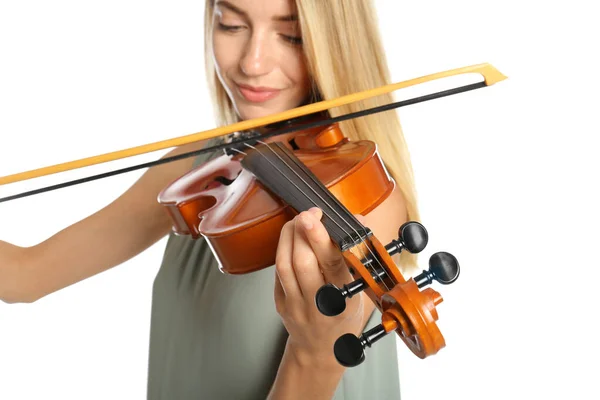 Vacker Kvinna Spelar Fiol Vit Bakgrund Närbild — Stockfoto