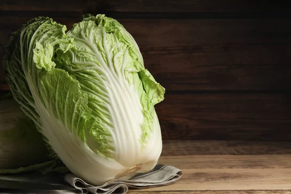 Fresh Ripe Chinese Cabbages Knife Wooden Table Closeup Space Text — Stock Photo, Image