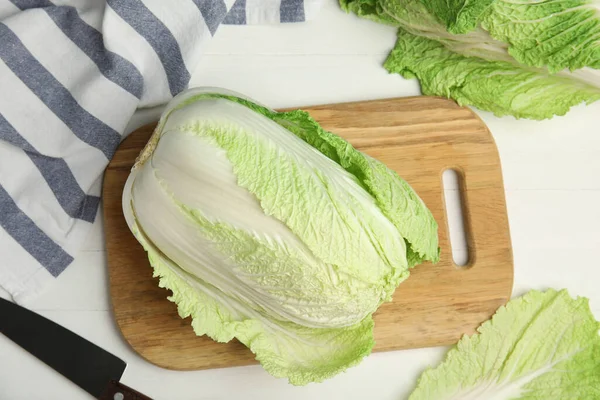 Fresh Ripe Chinese Cabbages White Wooden Table Flat Lay — Stok Foto