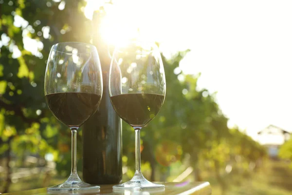 Fles Wijn Glazen Tafel Wijngaard Ruimte Voor Tekst — Stockfoto