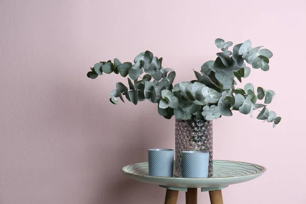 Eucalyptus Branches Cups Table Pink Wall — Stok Foto