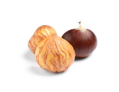 Fresh sweet edible chestnuts on white background clipart