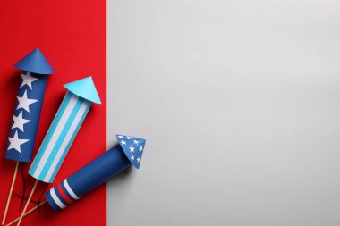 Renkli arka planda havai fişek roketleri, metin için yeri olan düz bir yer. Şenlik Dekoru