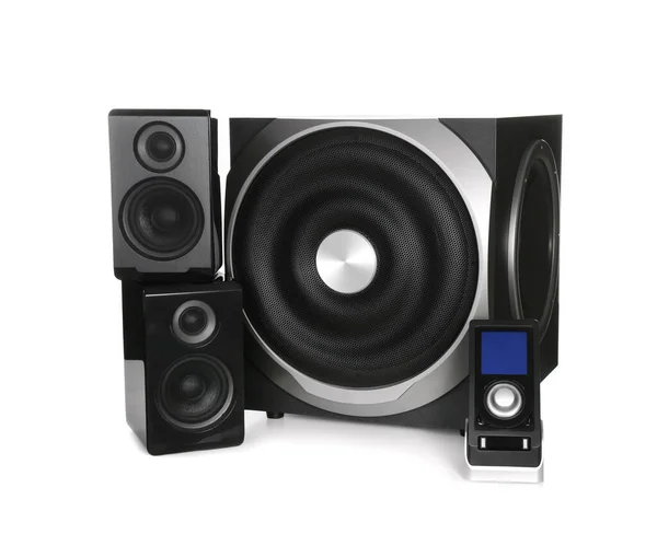 Modernes Leistungsstarkes Audio Lautsprechersystem Mit Fernbedienung Auf Weißem Hintergrund — Stockfoto