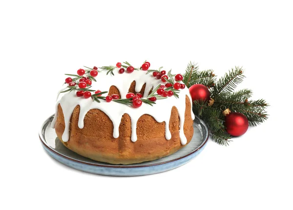 Традиционный Рождественский Торт Украшения Белом Фоне — стоковое фото