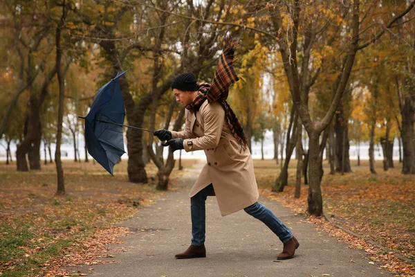 青い傘を持った男が外で風に吹かれて — ストック写真