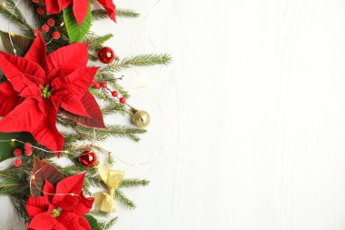 Noktalı düz kompozisyon (geleneksel Noel çiçekleri) ve beyaz ahşap masa üzerinde bayram dekoru. Metin için boşluk