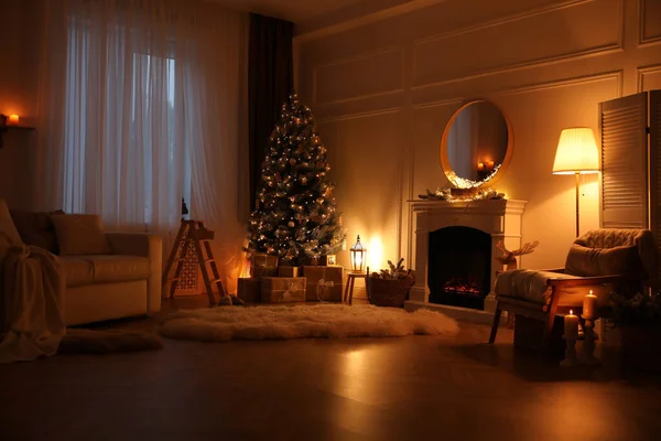 Beautiful room interior with Christmas tree and fireplace