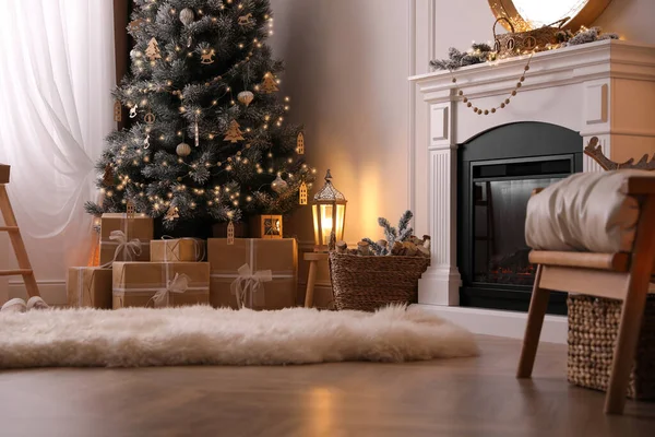 Beautiful room interior with Christmas tree and fireplace