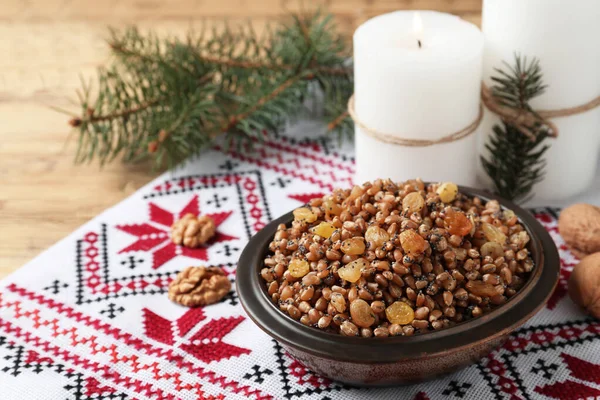 Traditionell Jul Slaviska Skålen Kutia Serveras Bordet Plats För Text — Stockfoto