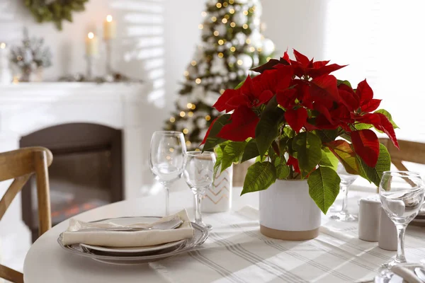 Weihnachtlicher Weihnachtsstern Auf Dem Tisch Mit Festlichem Rahmen Zimmer — Stockfoto