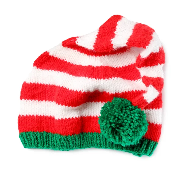 Cute Striped Elf Hat White Background Top View Christmas Baby — Stock Photo, Image