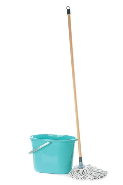 Mop Plastic Bucket White Background Cleaning Supplies — Stock Photo, Image