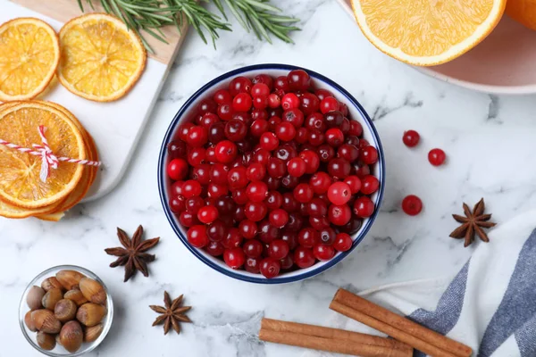 Flat Lay Composition Fresh Ripe Cranberries White Marble Table — Stock Photo, Image