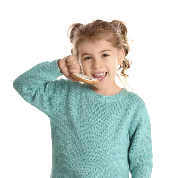 Carino Bambina Con Biscotti Pan Zenzero Natale Sfondo Bianco — Foto Stock