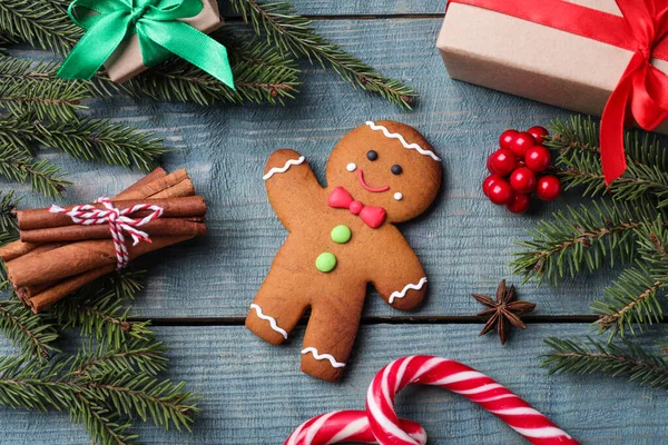 Flat Lay Composition Gingerbread Man Blue Wooden Table — Stock Photo, Image
