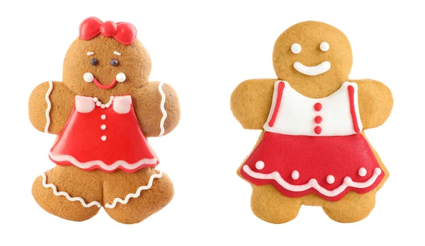 Two Gingerbread Women Isolated White Decorated Cookies — Stock Photo, Image