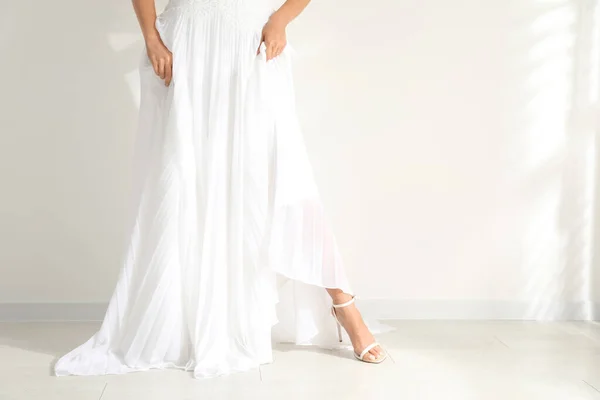 Young Bride Wearing Beautiful Wedding Dress Light Wall Closeup — Stock Photo, Image