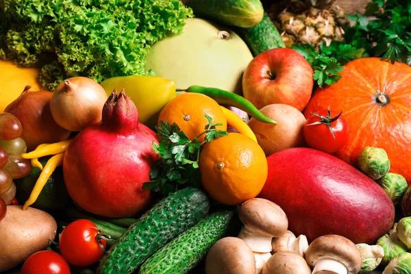 Auswahl Frischem Bio Obst Und Gemüse Als Hintergrund Nahaufnahme — Stockfoto