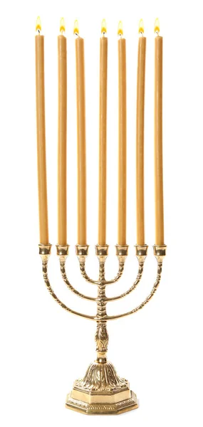 Golden Menorah Med Brinnande Ljus Vit Bakgrund — Stockfoto