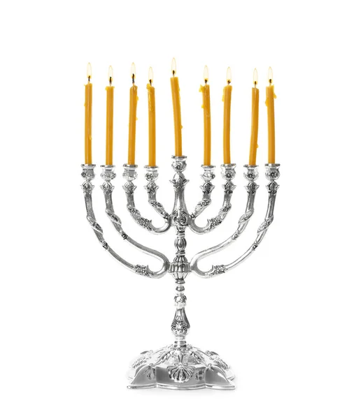 Silver Menorah Med Brinnande Ljus Vit Bakgrund Hanukkah Firande — Stockfoto