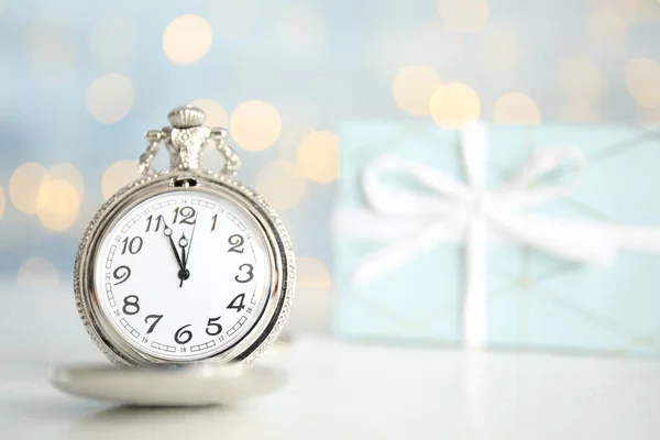 Pocket Watch Table Blurred Lights Space Text New Year Countdown — Stock Photo, Image