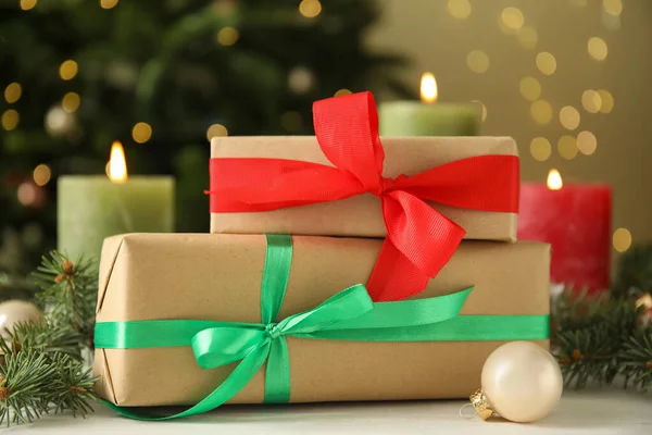 Beautiful Gift Boxes Christmas Decor White Table Closeup Stock Photo