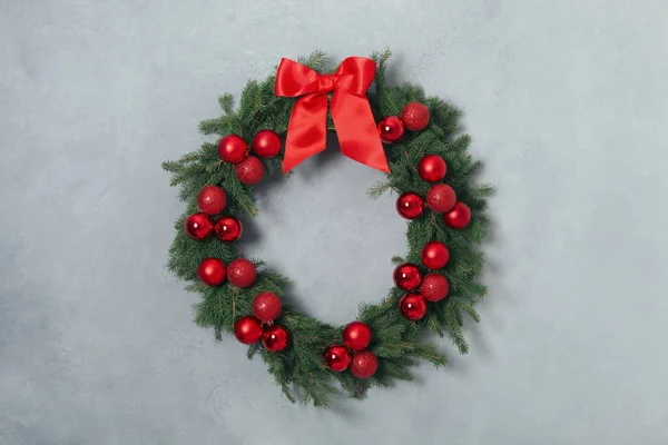 Beautiful Christmas Wreath Festive Decor Light Grey Wall Stock Photo