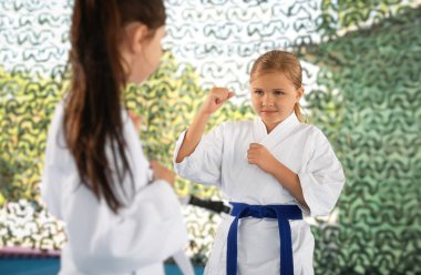 Kimonolu çocuklar dışarıda Tatami 'de karate yapıyorlar.
