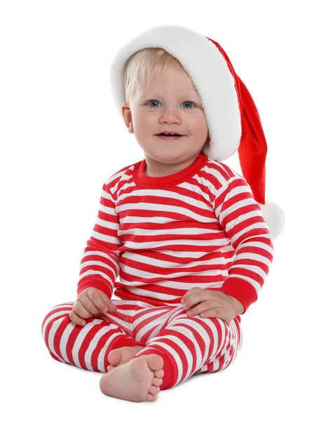 Миле Дитинча Санта Каті Різдвяна Піжама Сидять Білому Тлі — стокове фото