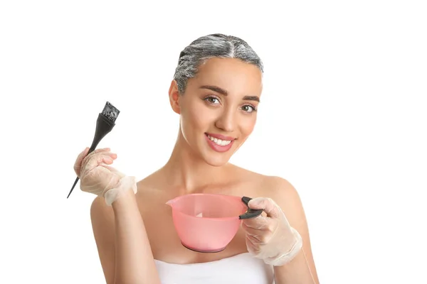 Young Woman Applying Dye Hairs White Background — Stock Photo, Image