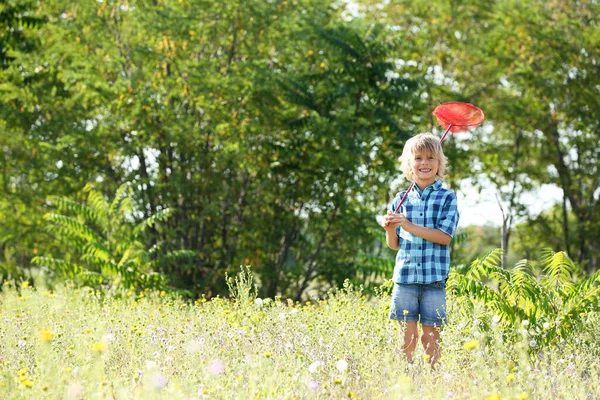 Netter Kleiner Junge Mit Schmetterlingsnetz Freien Platz Für Text Kinder — Stockfoto