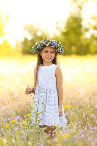 Menina Bonito Usando Coroa Flores Livre Criança Passando Tempo Natureza — Fotografia de Stock