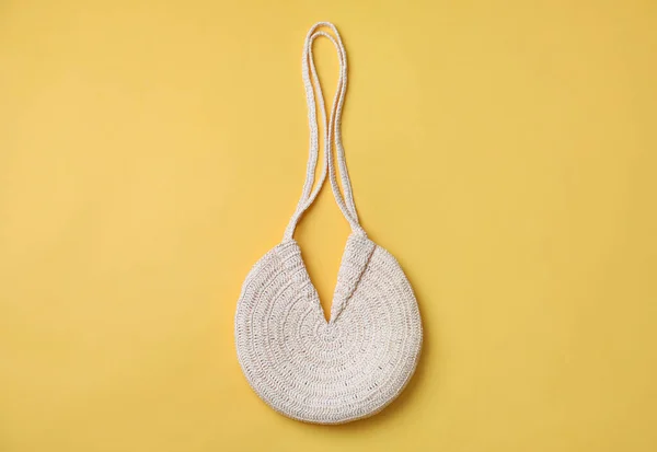 Stylish Straw Bag Yellow Background Top View Summer Accessory — Stock Photo, Image