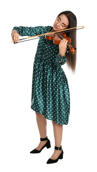 Hermosa Mujer Tocando Violín Sobre Fondo Blanco — Foto de Stock