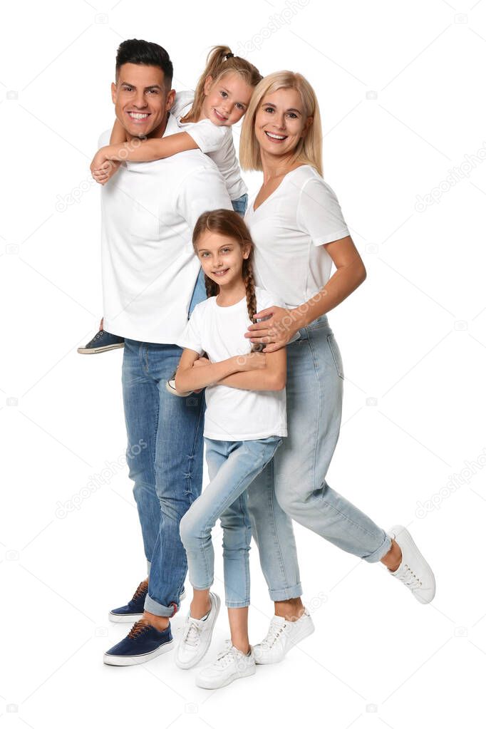 Portrait of happy family on white background