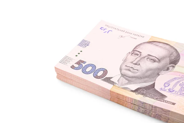 500 Billetes Ucranianos Hryvnia Sobre Fondo Blanco Primer Plano —  Fotos de Stock