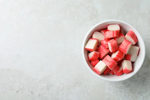 Cut Crab Sticks Bowl Light Table Top View Space Text — Stock Photo, Image