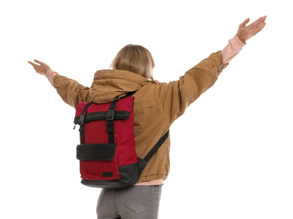 Woman Backpack White Background Back View Winter Travel — Stock Photo, Image