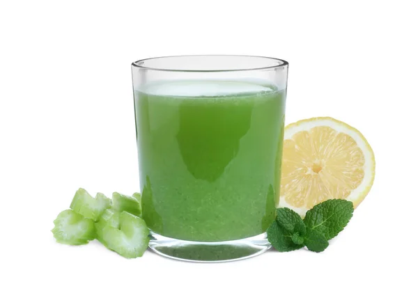 Fresh Celery Juice Mint Lemon White Background — Stock Photo, Image