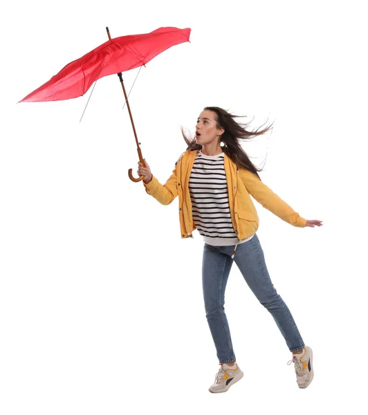 Känslomässig Kvinna Med Paraply Fångas Vindpust Vit Bakgrund — Stockfoto