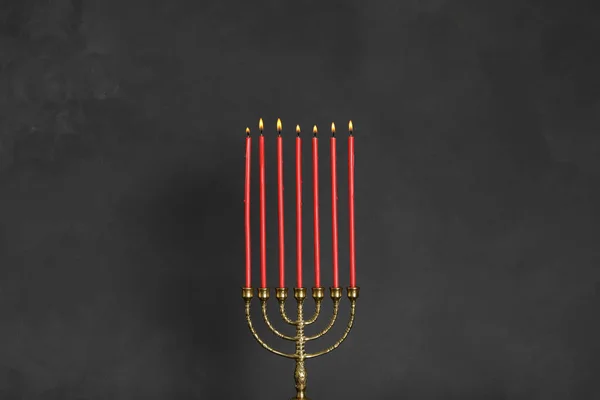 Golden Menorah Burning Candles Black Background — Stock Photo, Image
