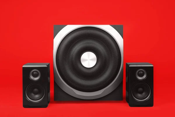 Système Haut Parleurs Audio Puissant Moderne Sur Fond Rouge — Photo