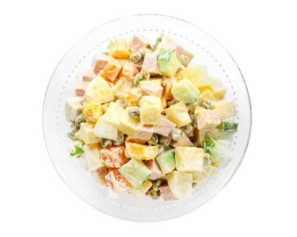 Heerlijke Russische Salade Olivier Witte Achtergrond Bovenaanzicht — Stockfoto