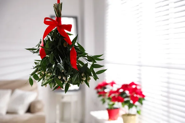 Mistletoe Bunch Red Bow Hanging Indoors Space Text Traditional Christmas — Stock Photo, Image