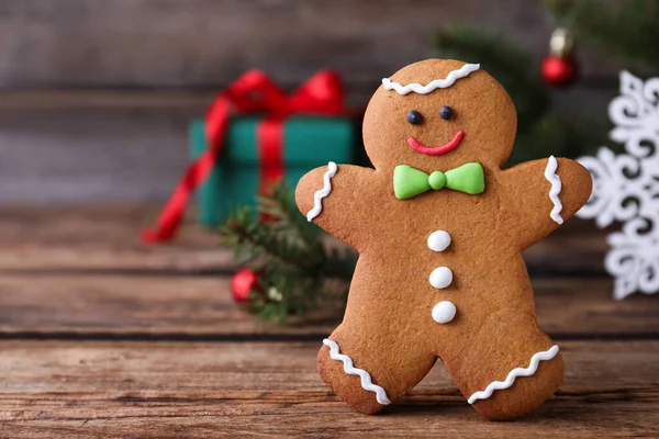 Gingerbread Man Wooden Table Closeup Space Text — Stock Photo, Image