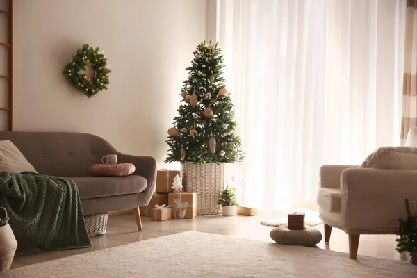 Bellissimo Soggiorno Interno Decorato Natale — Foto Stock