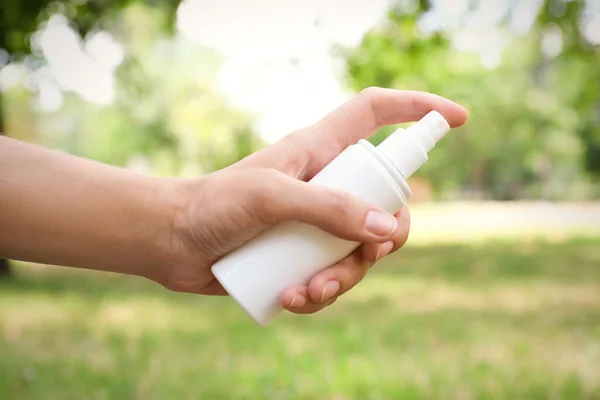 Woman Bottle Insect Repellent Spray Outdoors Closeup — Stock Photo, Image